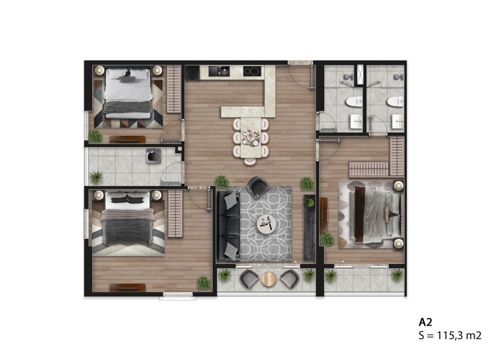 Mẫu căn hộ A2 - Diện tích 115.3m2 ( Đang có tầng 8-10)