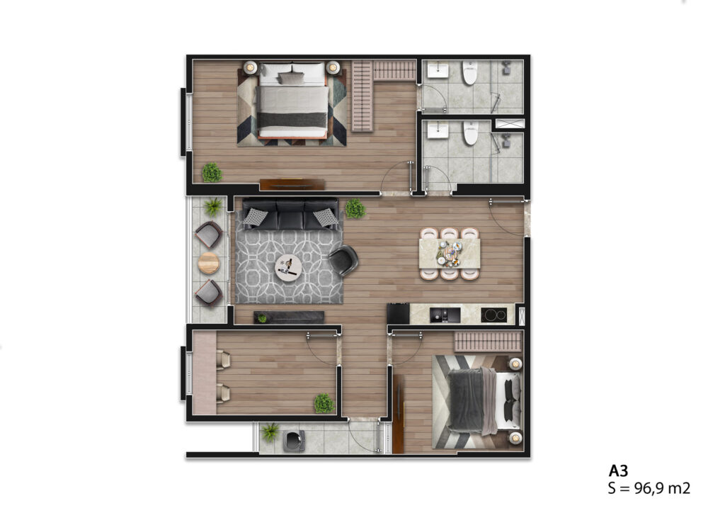 Mẫu căn hộ A3 - Diện tích 96.9m2 ( Đang có tầng 3-4-12)