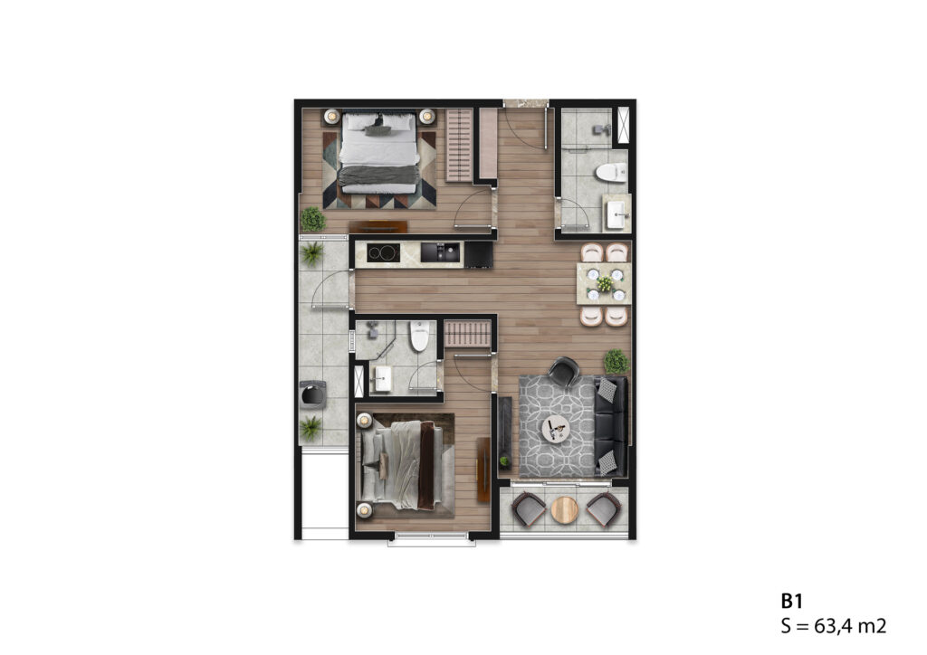 Mẫu căn hộ B1 - Diện tích 63.4m2 ( Đang có tầng 7-10-12)