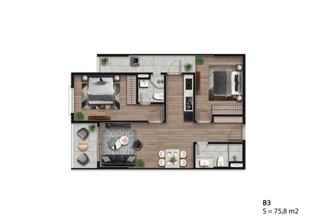 Mẫu căn hộ B3 - Diện tích 75.8m2 ( Đang có tầng 3-5-12)